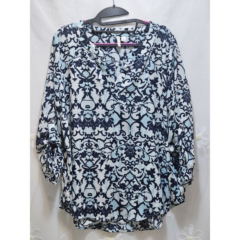 Est.1946 Womens Large Blue Blouse Floral Tunic Peasant Geometric Paisley Career